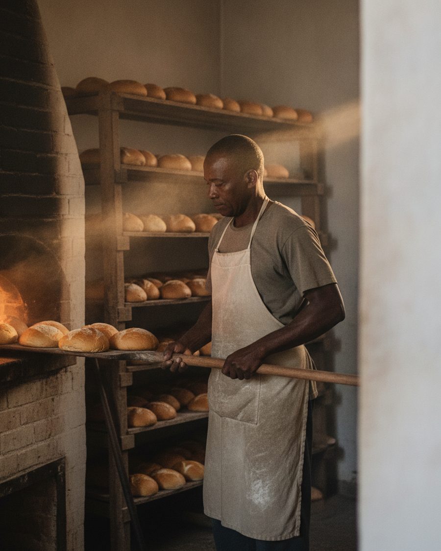 A baker draws a tray of fresh bread from a brick oven in the early morning.