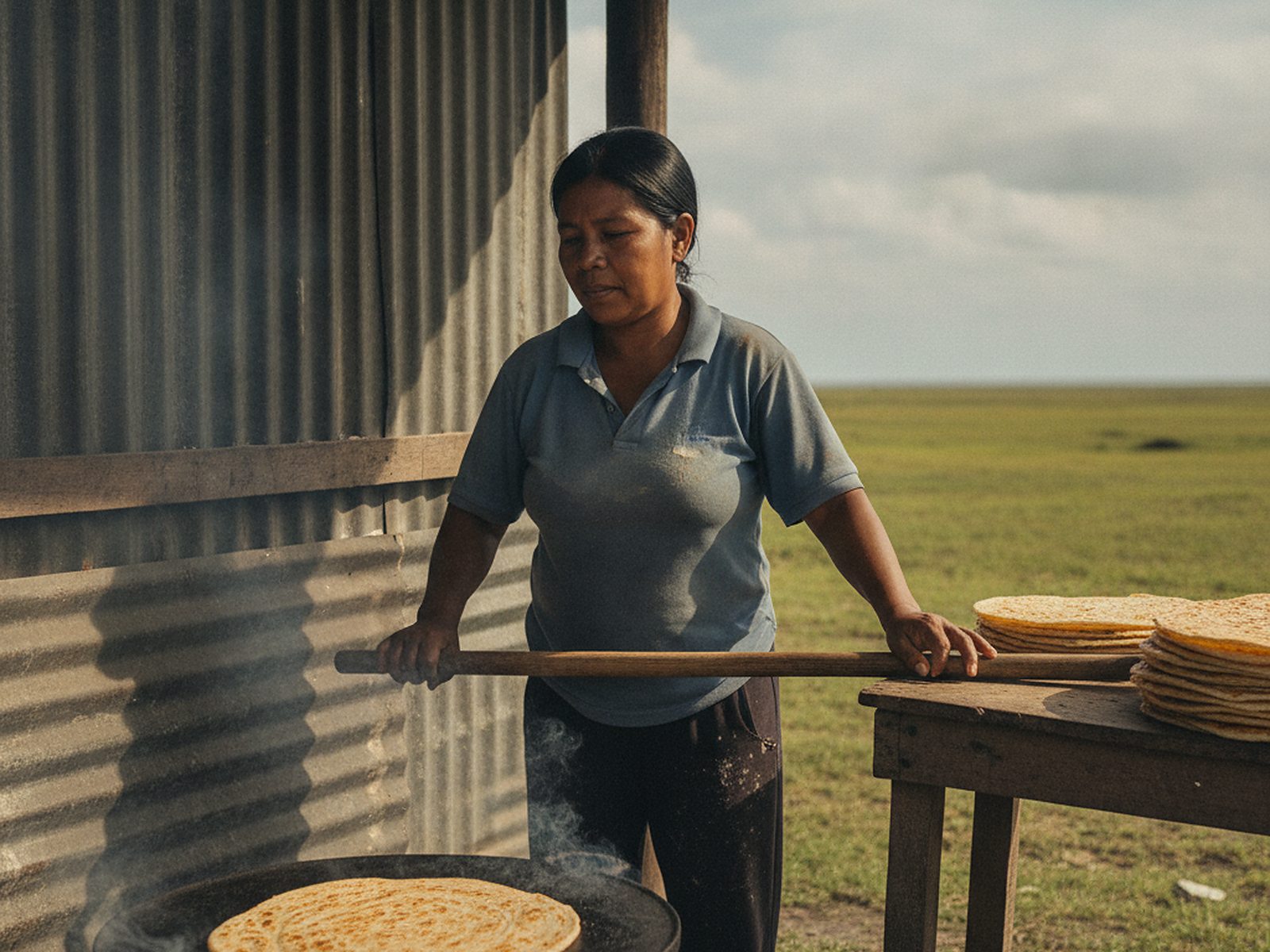 A cassava bread producer turns a round of bread on a hot baking plate beside her shed.