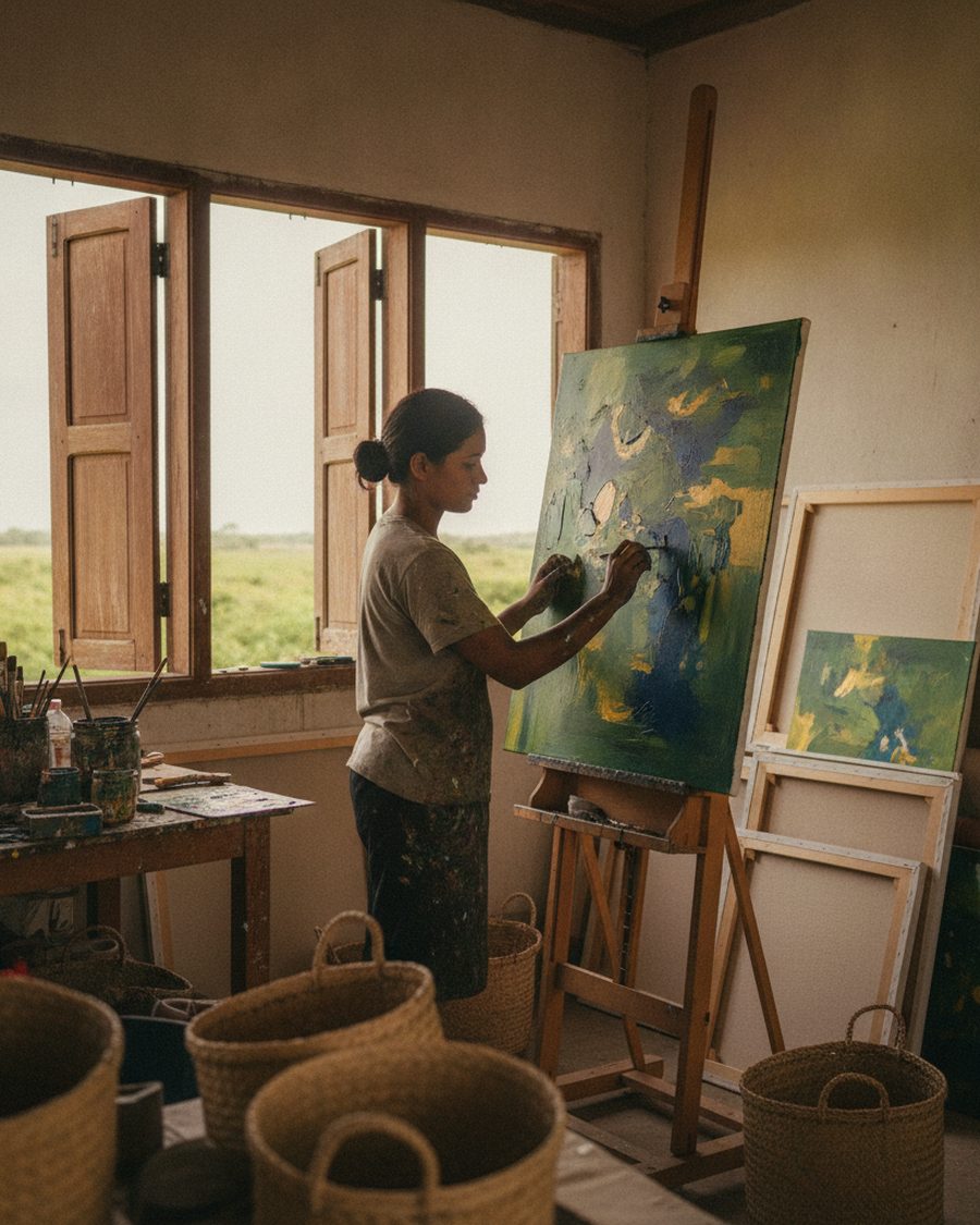 An artist paints a large abstract canvas in her studio.