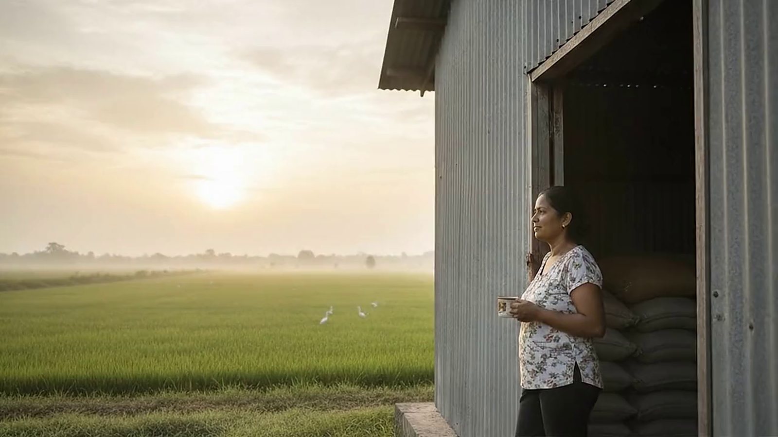 At first light, the owner of a small rice mill in Region 3 looks out from her mill door across green rice fields.