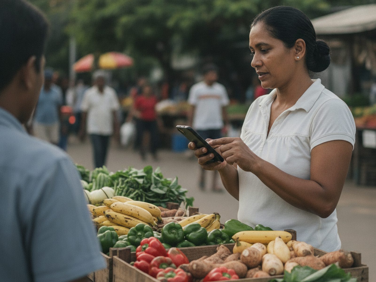 A market trader records a sale on her phone while serving a customer at her produce stall.