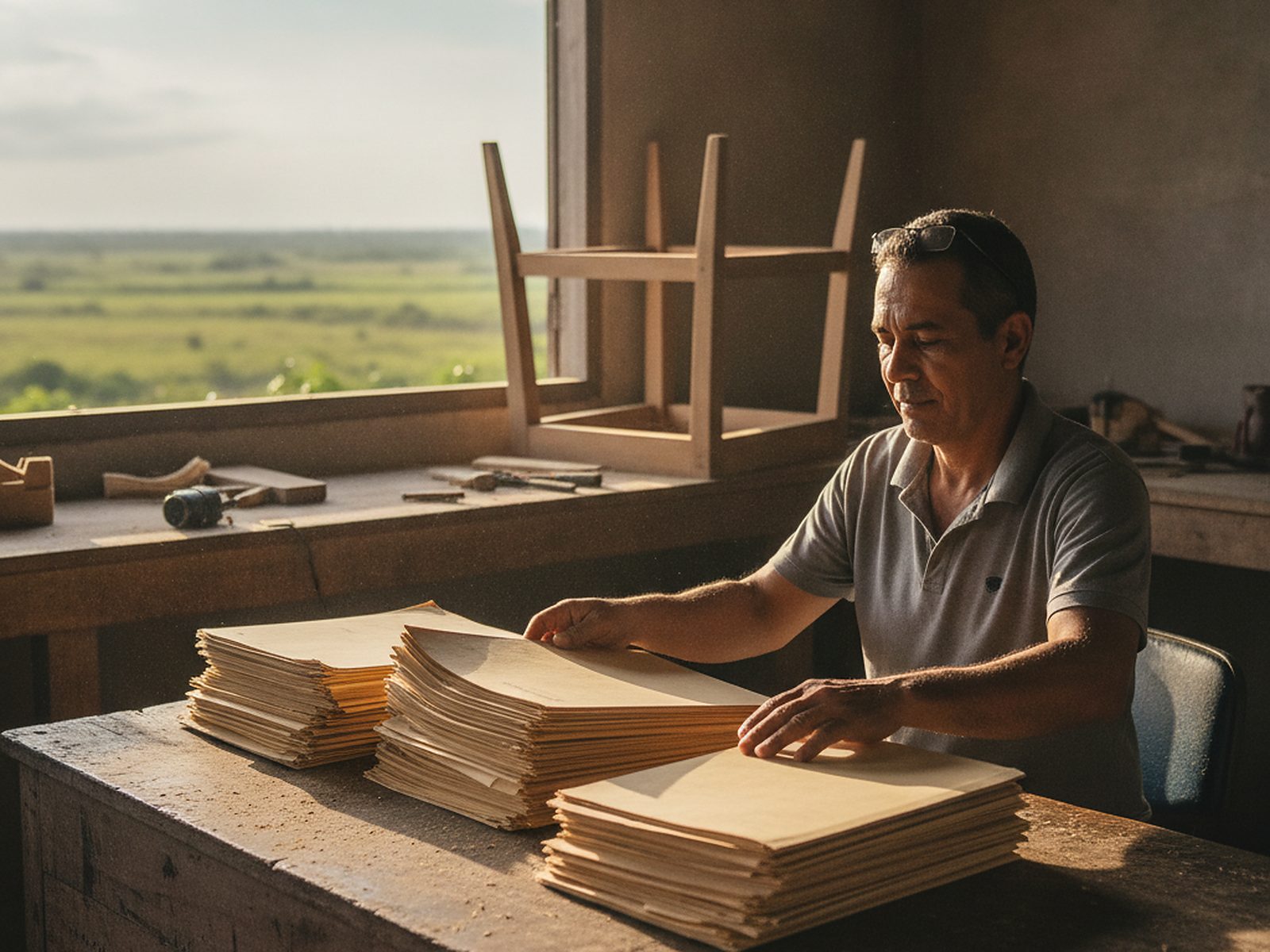 A furniture maker sorts folders at the desk in his workshop.