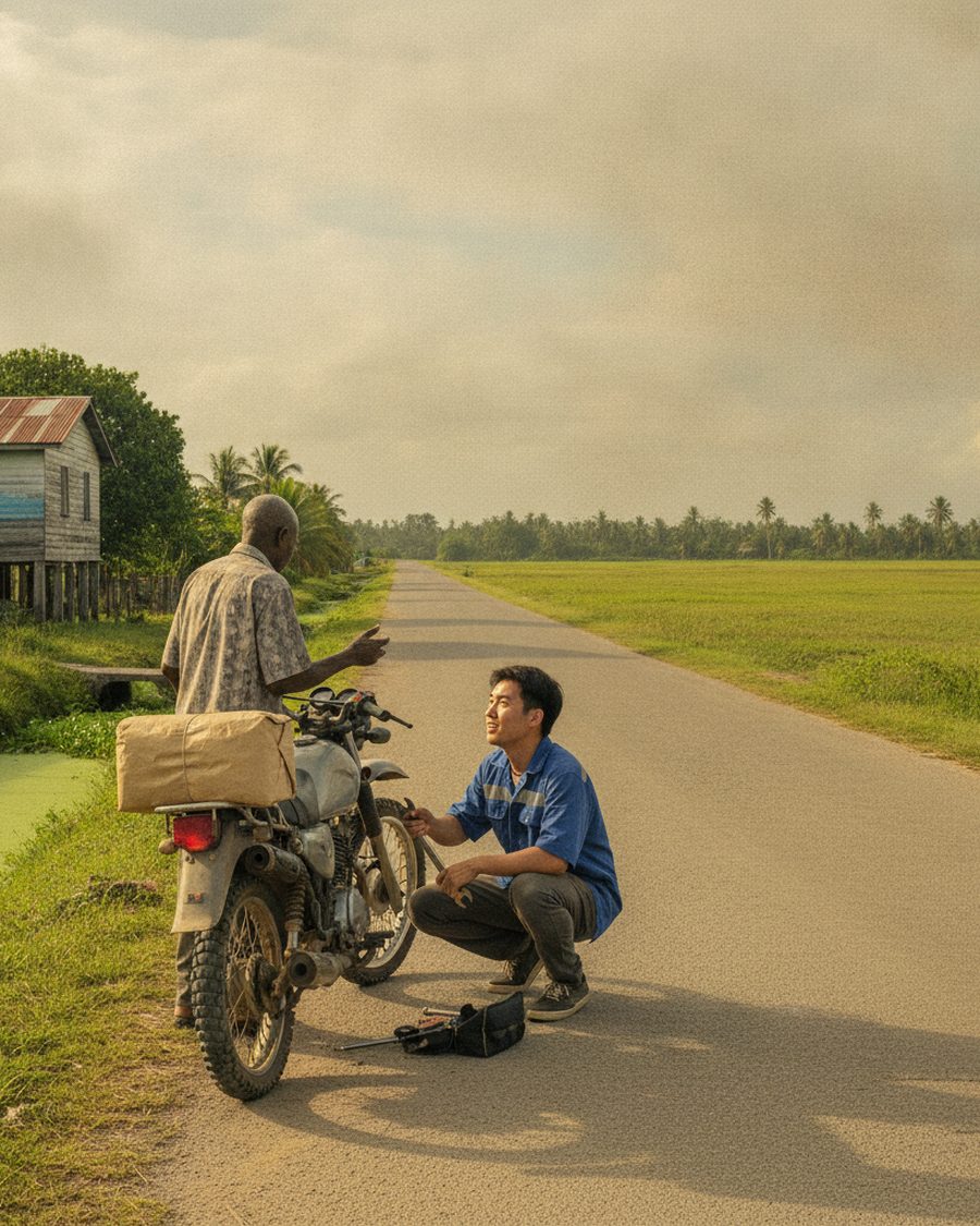 A young owner of a delivery and repair service works on a motorbike on a village road.