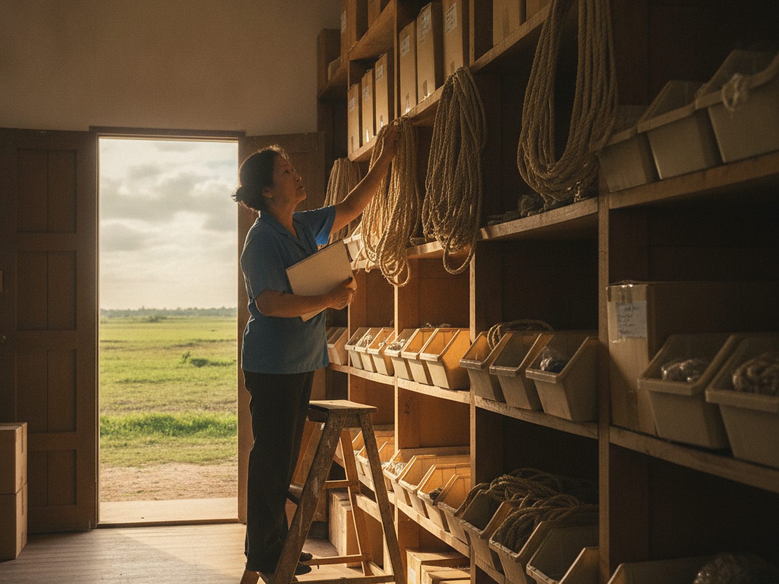 The owner of a hardware store counts stock on high wooden shelves.