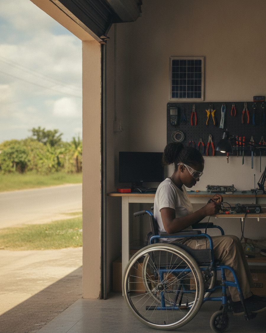 A young electronics and solar technician, who uses a wheelchair, solders a circuit board at her workbench.