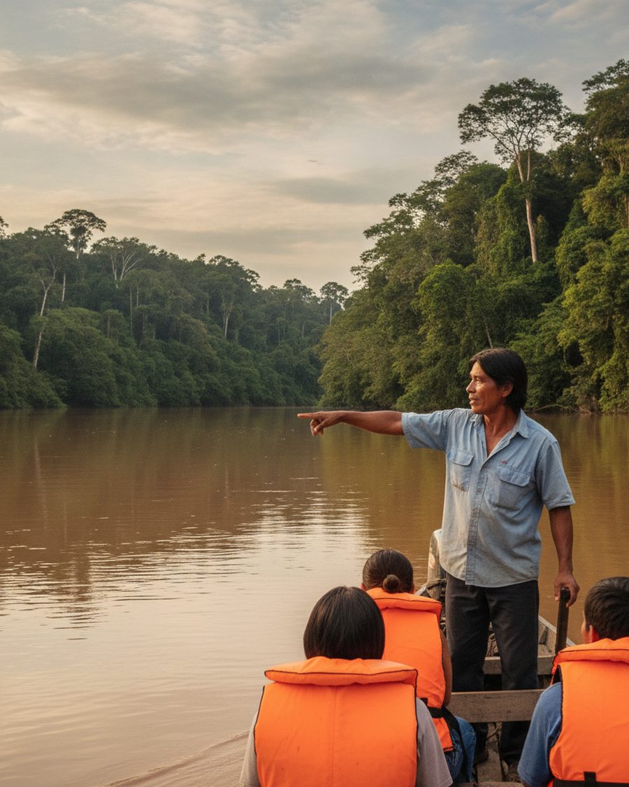 A river guide steers his boat along a rainforest river with visitors aboard.